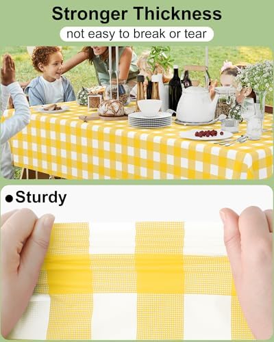 Smiry 8 Packs Gingham Disposable Table Cloth, 54 x 108 Inch Waterproof Plastic Tablecloth, Rectangle Yellow and White Checkered Table Covers for Picnic, Birthday, Party - Image 3