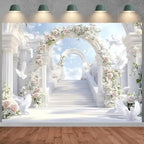 Paradise Gate Sky Stairway to Heaven Backdrop Holy Light Clouds Blue Sky Floral Archway White Doves Background Baby Shower Church Party Newborn Portrait Photo Booth Studio Props (White, 9 * 6feet) - Image 3