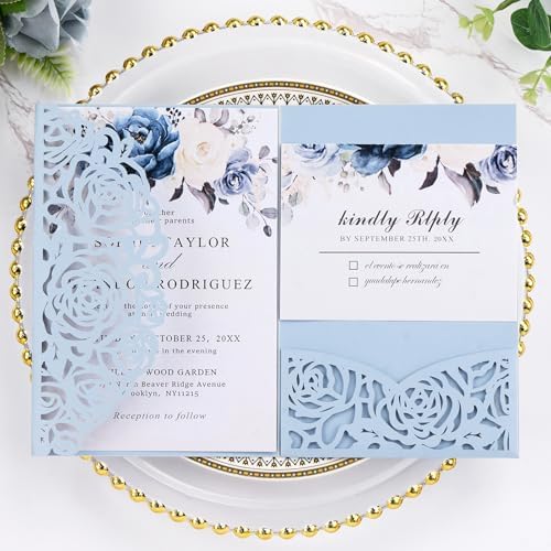 50PCS Baby Blue Laser Cut Wedding Invitation with Envelopes and Rsvp Cards by AdasBridal