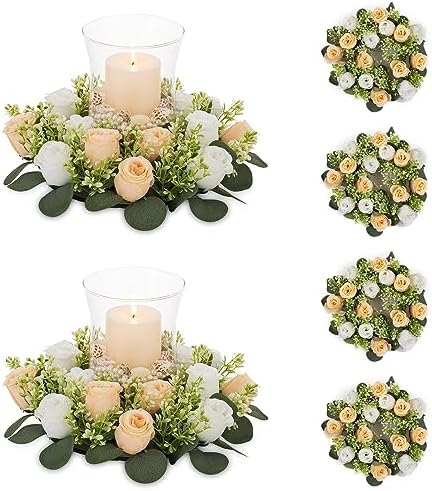 NUPTIO Artificial Flowers Candle Rings - 6 Pcs 14 inch Diam Large Champagne & White Fake Roses Wreath Wedding Centerpieces for Tables Spring Summer Wreath for Front Door Weddings Party Ceremony Decor by Nuptio