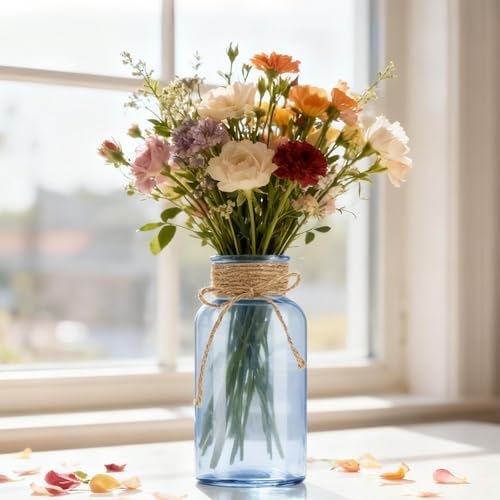 6 Pack Mason Jar Vases for Centerpieces, Blue Glass Flower Vase - Image 3