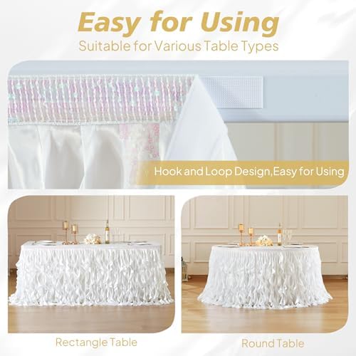 Wish Care 6ft White Sequin Table Skirt for Rectangle Tables Glitter Curly Willow Tutu Skirt Ruffle Table Cloth Desk Skirts for Wedding Birthday Baby Shower Party Banquet Table Skirting Decorations - Image 6