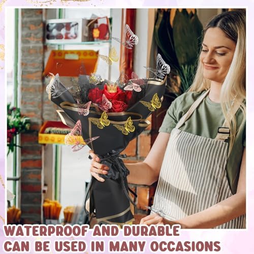 Qilery 334 Pcs Flower Wrapping Paper Set,153 Waterproof Floral Bouquet Wrapping Paper,72 3D Gold Butterfly Decoration,100 Pins, 6 Crowns and 3 Ribbons for DIY Craft(Pretty Color) - Image 4