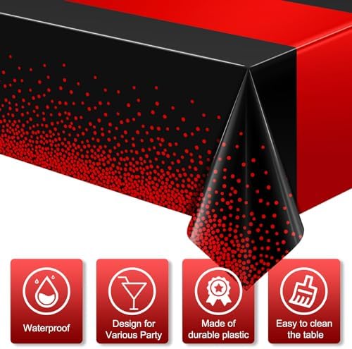 MASHAN 12Pcs Black and Red Tablecloth Party Decorations,Plastic Black Table Cloth Printed Red Table Runner Disposable Rectangle Cover for Birthday Weeding Anniversary Graduation Party,54 x108 Inch - Image 3