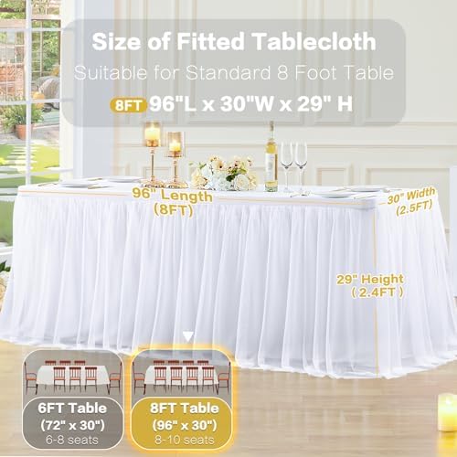 4 Pack White Table Cloth for 8 Foot Rectangle Tables, White Stretch Fitted Tulle Table Covers Skirt, Rectangular Ruffle Tutu Tablecloth Wedding Banquet Baby Shower Cake Tablecloths Decorations - Image 5