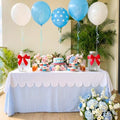 Blue Striped Tablecloth with White Scalloped Overlay Table Cover by Unknown