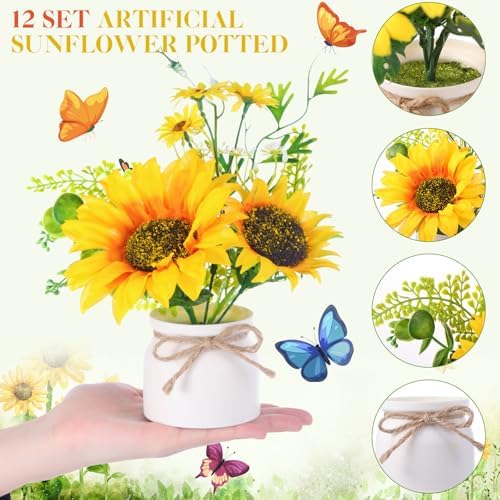 Zeyune Artificial Sunflower Potted Plants Rustic Wedding Table Centerpieces Summer Spring Kitchen Silk Yellow Flower with Plastic Pot for Home Bathroom Office Bridal Shower(12 Pcs,White,Sunflower) - Image 3