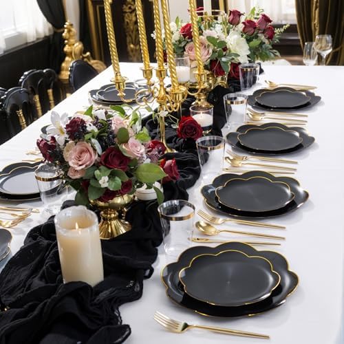 ejonirinjonir 180pcs Double Gold Rim Black Plastic Plates for Birthday - Image 3