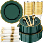 Hioasis 350 Pcs Green Gold Plastic Plates Wedding & Party by Hioasis
