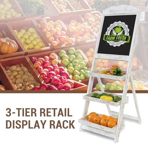 MyGift Shabby Whitewashed Wood Freestanding Chalkboard Easel with 3-Tiered Display Shelves, Decorative Chalkboard Plant Shelf Stand - Image 4