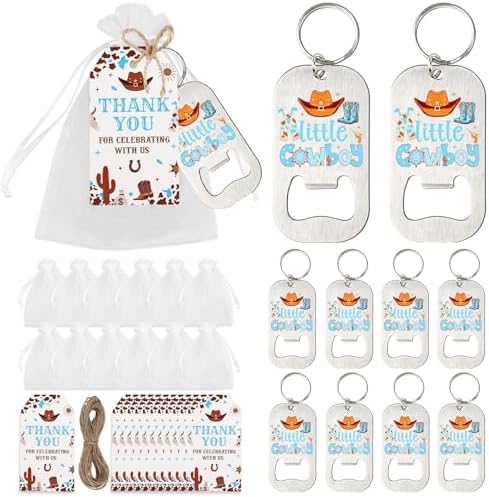 24 Sets Cowboy Bottle Openers Baby Shower Party Favors, Little Cowboy Bottle Openers Keychains Thank You Tags Organza Bags for Western Cowboy Last Rodeo Baby Shower Favors Guest Gifts by CORNERLACE