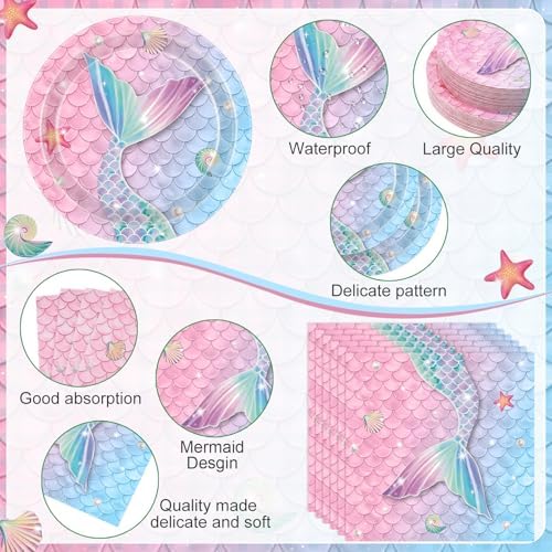400 Pcs Mermaid Party Decoration for 50, Pink Blue Mermaid Birthday Paper Plates Napkins Cup Cutlery Under The Sea Princess Disposable Tableware for Baby Shower Ocean Birthday Party Supply - Image 3