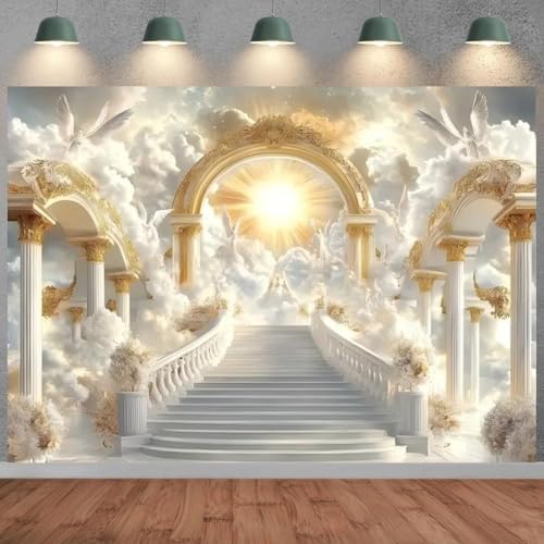 Golden Heaven Sent Theme Banner Paradise Stairway Holy Light White Dove Floral Angel Easter Background Heaven Sent Baby Shower Church Event Banners Christian Religious Backdrop(Gold, 8 * 6feet) - Image 4