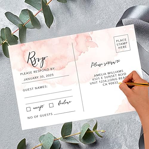 Andaz Press 56-Pack Personalized RSVP Postcards for Wedding Coral Brushed Watercolor Cardstock Response Reply Cards for Bridal Shower Baby Shower Birthday Event Custom Date Return Address 4 x 6-Inch - Image 2