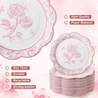 FillTouch 100 Sets Pink Floral Paper Tea Cups and Saucers Disposable Paper Tea Party Supplies 9 oz Cups with Handle and Saucer for Birthday Wedding Party Decorations - Image 3