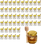 R DRURLCD 50 Pack 1.5 oz Hexagonal Mini Glass Honey Jars in Bulk with Wooden Dipper Bee Charms Thank You Cards Jutes for Baby Shower Wedding Party Favors Gifts by RDRURLCD