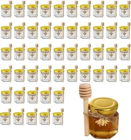 R DRURLCD 50 Pack 1.5 oz Hexagonal Mini Glass Honey Jars in Bulk with Wooden Dipper Bee Charms Thank You Cards Jutes for Baby Shower Wedding Party Favors Gifts by RDRURLCD