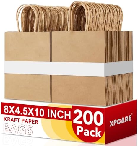 XPCARE Brown Paper Bags with Handles, 200Pcs 8x4.5x10In Kraft Paper Bag by XPCARE