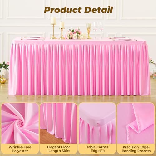 Pink Polyester Table Cloths for Rectangle 8 Foot Tables, 2 Pack Wrinkle Free Tablecloths Stretchy Banquet Ruffle Fitted Table Cover Desk Skirt for Parties Wedding Birthday Baby Shower - Image 4