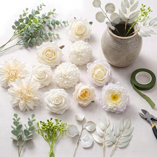 Artificial Flower Combo Box, Milk White Roses & Dahlias with Stems - Image 5