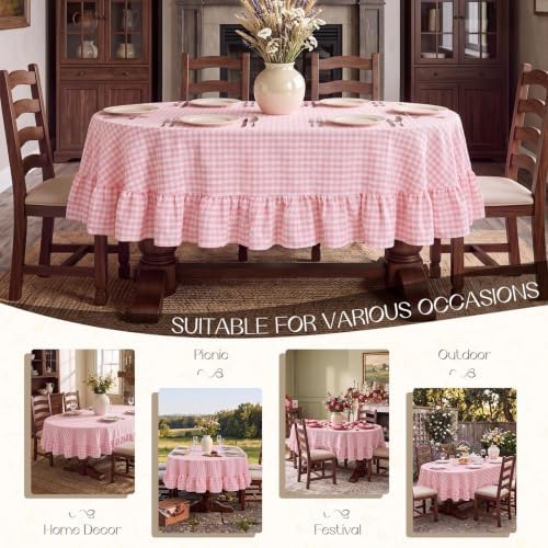 Romanstile Gingham Ruffled Oval Tablecloth, 60 x 84 Inch, Pink - Image 6