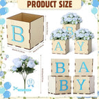 4 Set Baby Shower Centerpieces for Tables, 6 Inch Wooden Baby Letter Blocks with 12 Blue Artificial Peony Flowers, Cube Planter Boxes Gender Reveal Party Table Decor Home Decoration - Image 3