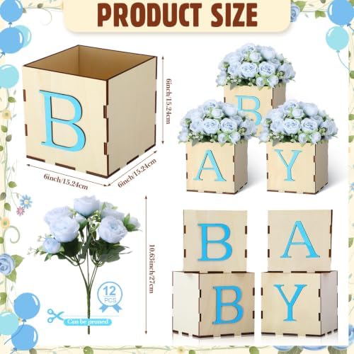 4 Set Baby Shower Centerpieces for Tables, 6 Inch Wooden Baby Letter Blocks with 12 Blue Artificial Peony Flowers, Cube Planter Boxes Gender Reveal Party Table Decor Home Decoration - Image 3
