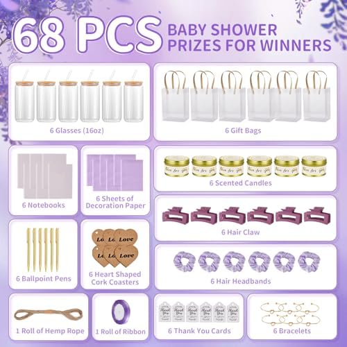68Pcs Baby Shower Prizes for Game Winners Gifts Wedding Bridal Shower Gifts Including Glass Cans Notebooks Soy Candles Hair Clips for Baby Shower Wedding Bridal Shower Game Prizes (Purple, 6 Sets) - Image 3