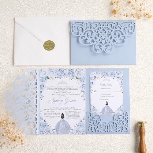 50 PCS Laser Cut Wedding Invitations Haze Blue Tri-Fold Personalized Invite - Image 3