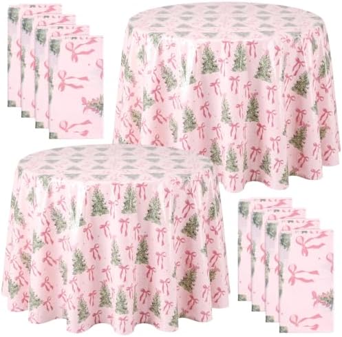 Ganeen 12 Pcs Christmas Tree Pink Bow Tablecloth Disposable Plastic Xmas by Ganeen