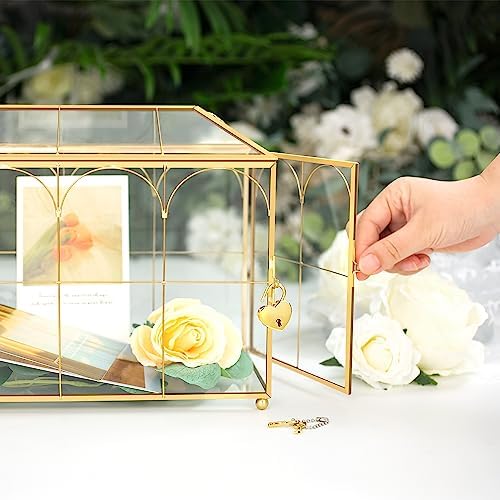 Glass Wedding Card Box with Lock, 12.6x5.9x9 inches Large Gold Card Boxes - Image 5