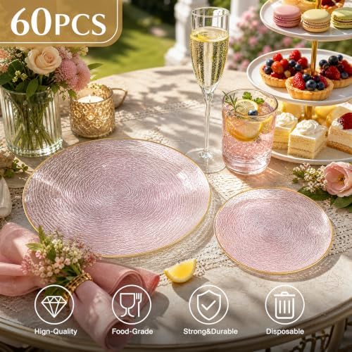 Liacere 60Pcs Pink Plastic Plates-Pink Disposable Plates With Gold Rim-Heavy duty Gold Plates,Water ripples Party Plates Include 30Dessert-Platos,30Dinner-Platos for Wedding & Party & Summer - Image 4