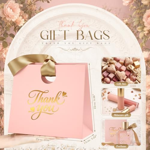 Feifeiya 30 Pcs Thank You Gift Bags with Ribbon Handles 7.87 x 3.54 x 7.09 Inch Paper Candy Gift Bags with Gold Foil Printed for Appreciation Birthday Wedding Bridal Baby Shower Party Favors(Pink) - Image 2