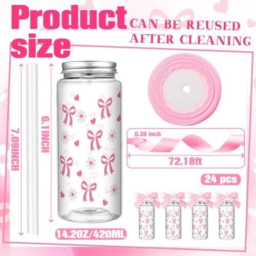 24 Pcs Pink Bow Plastic Cups Daisy Coquette Aesthetic Cup with Lids and Straws 14 oz Reusable Water Bottle Cute Preppy Tumbler with Ribbon for Birthday Bridal Wedding Party Supplies - Image 2