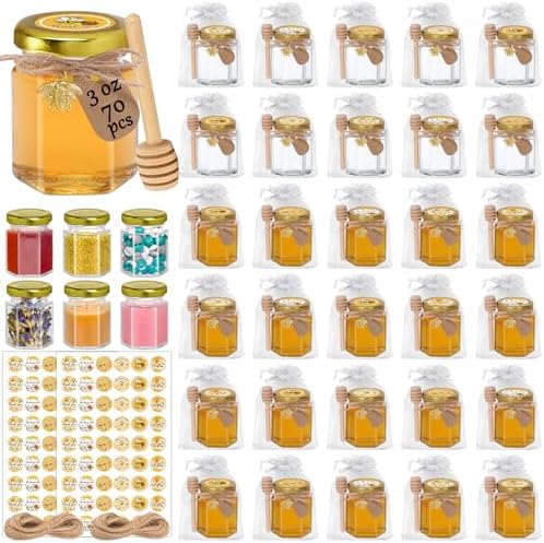 Aliggbent 70 Pack Honey Jars, 3oz Hexagon Glass with Dippers by AliggbentGoodChoice