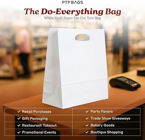 White Kraft Paper Bags with Die Cut Handles, 11" x 6" x 11", 500 Pack - Image 2