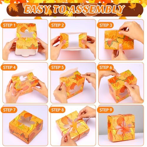 Blulu 120 Sets Thanksgiving Bakery Boxes Bulk with Window 5x5x3 Inch Fall Food Containers Gifts Boxes with Maple Tags and Rope for Fall Holiday Cookie Cupcake Goodie Candy Treat Package Party Favors - Image 5