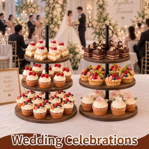 Cupcake Stand, 3 Tier Wood Cake Stands Rustic Cupcake Tower, Round Tiered Tray Stand for Dessert Table Display, Industrial Wooden Serving Stand Wedding, Graduation and Baby Shower (Zhong 1Pack) - Image 5