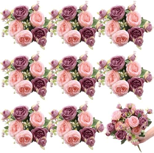 8 Bundles Artificial Peony Centerpiece Flowers,Pink, Dark Pink by Yuxung