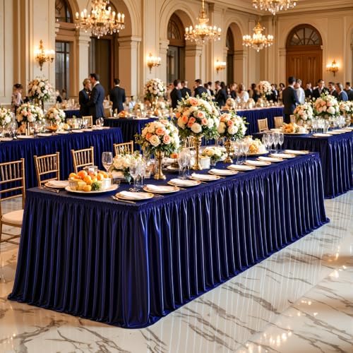 Wish Care 14ft Navy Blue Satin Table Skirt for Rectangle Tables Wrinkle Free Teacher Desk Skirt Glitter Ruffle Table Skirting Cloth for Back to School Classroom Office Dorm Birthday Party Table Decor - Image 6