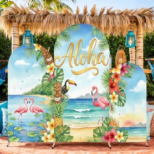 Chunful 3 Pcs Aloha Party Decoration Arch Backdrop Cover Hawaii Holiday Beach Seaside Decor Photo Background 2-Sided Round Top Cute Backdrop Arch Cover for Summer Party Supplies 6 ft/5 ft/4 ft by Chunful