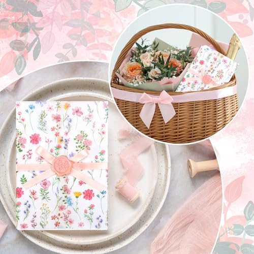 AnyDesign 50 Sets Wedding Invitations Wraps Flower Pre-Folded Vellum Jackets Pink Floral Wildflower Paper Envelope Liner with Wax Seal Sticker and Ribbon for 5 x 7 Invitation Cards - Image 6