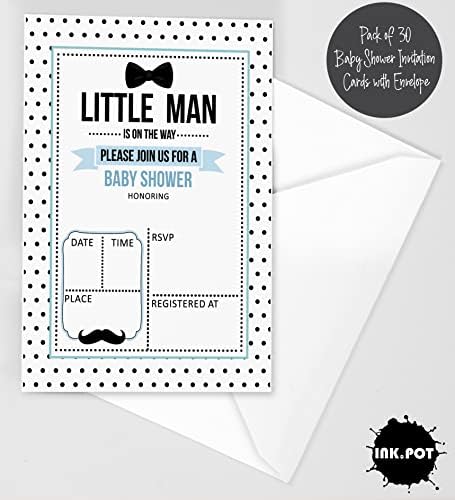 Pack of 30, Boy Baby Shower Party Collection, Baby Shower Invitation Cards, Fill in the Blank Invites WIth Envelopes, Little Man Theme Party Supplies - Image 2