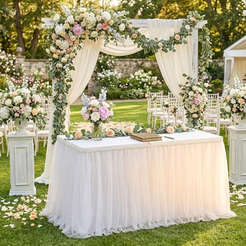 QueenDream 108in White Tutu Table Skirt Rectangle Tables or Round Tables Bridal Shower Tulle Tablecloth for Baby Shower Girls Parties Cake Dessert Table Decorations Ruffle Table Skirting - Image 3