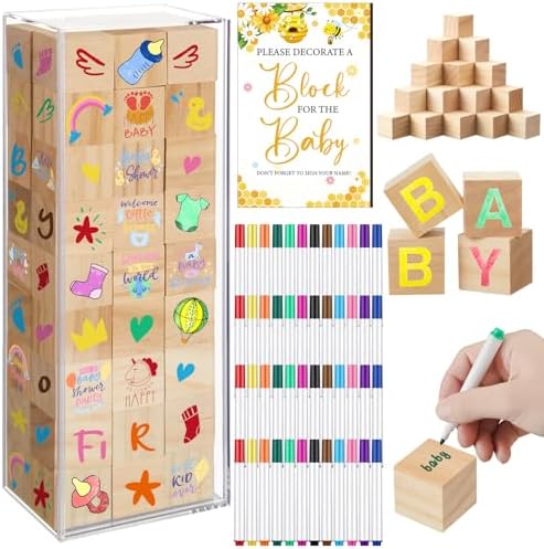 Tenceur 104 Pcs Baby Shower Game Sign Set Baby Shower Blocks to Decorate 54 DIY Blank Wooden Block 48 Watercolor Markers with Acrylic Box Set for Games Gender Reveals Party Supplies(Bee) by Tenceur
