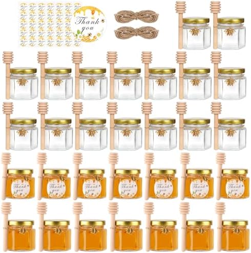 2 oz 30 Pack Mini Glass Honey Jars with Wood Dippers & Gold Lids by BIGIVACA