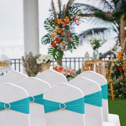 50 Pack Spandex Turquoise Chair Sashes for Wedding Chair Bows Bands Buckles - Image 6