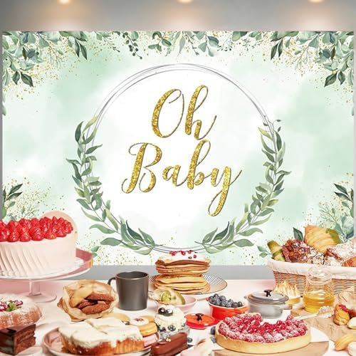 9x6FT Baby Shower Backdrop Oh Baby Sign Eucalyptus Greenery Wreath Background for Boys Girls Kids Gender Reveal Party Decorations Family Photo Booth Props - Image 3