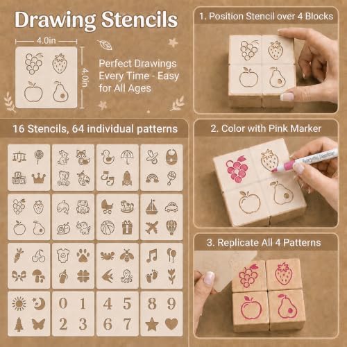 Baby Shower Game Blocks with 50 Decorate Wooden Blocks 24 Markers 1 Storage Box 1 Wooden Sign 16 Stencils(Classic) - Image 4