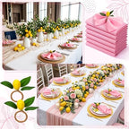 Preboun 24 Pcs Pink Cloth Napkins with Lemon Yellow Rings - Image 5